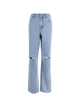 Blue Wash Straight Leg Knee Ripped Jeans